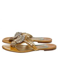 Pre Owned صندل فلات جينا جلد لامع بيج مزخرف كريستال مقاس 38