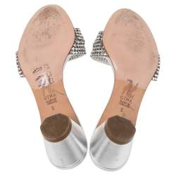 Pre Owned صندل سلايد جينا كعب عريض روديو مزخرف كريستال جلد فضي مقاس 38