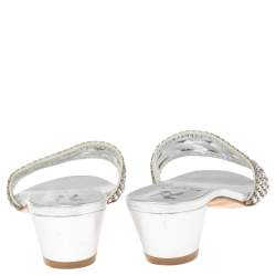 Pre Owned صندل سلايد جينا كعب عريض روديو مزخرف كريستال جلد فضي مقاس 38