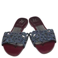 مملوكة مسبقًا Gina Burgundy Patent Leather Crystal Embellished Flat Slides Size 39