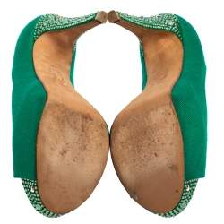 Pre Owned Gina Green Canvas Crystal Embellished Heel Peep Toe Platform Pumps Size 37.5