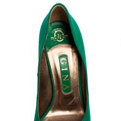 Pre Owned Gina Green Canvas Crystal Embellished Heel Peep Toe Platform Pumps Size 37.5