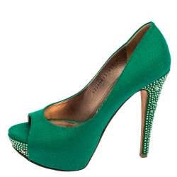 Pre Owned Gina Green Canvas Crystal Embellished Heel Peep Toe Platform Pumps Size 37.5
