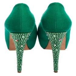 Pre Owned Gina Green Canvas Crystal Embellished Heel Peep Toe Platform Pumps Size 37.5