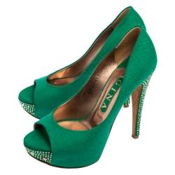 Pre Owned Gina Green Canvas Crystal Embellished Heel Peep Toe Platform Pumps Size 37.5