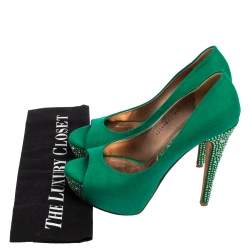 Pre Owned Gina Green Canvas Crystal Embellished Heel Peep Toe Platform Pumps Size 37.5