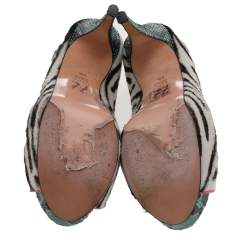 Pre Owned Gina White-Brown Zebra Print Calf Hair Peep Toe Platform Booties Size 39.5