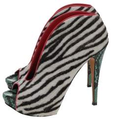 Pre Owned Gina White-Brown Zebra Print Calf Hair Peep Toe Platform Booties Size 39.5