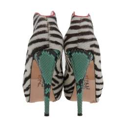 Pre Owned Gina White-Brown Zebra Print Calf Hair Peep Toe Platform Booties Size 39.5
