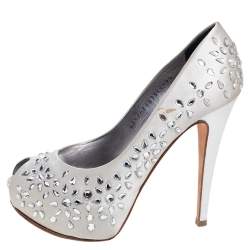 Pre Owned Gina Grey Satin Crystal Embellished Peep Toe Platform Pumps Size 37.5