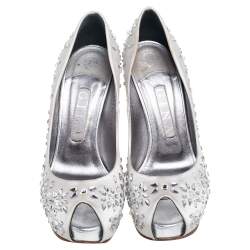 Pre Owned Gina Grey Satin Crystal Embellished Peep Toe Platform Pumps Size 37.5
