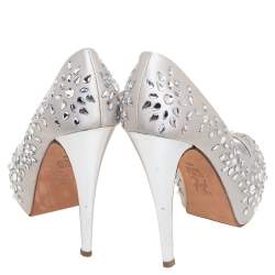 Pre Owned Gina Grey Satin Crystal Embellished Peep Toe Platform Pumps Size 37.5