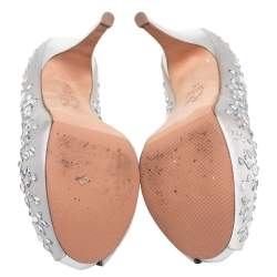 Pre Owned Gina Grey Satin Crystal Embellished Peep Toe Platform Pumps Size 37.5