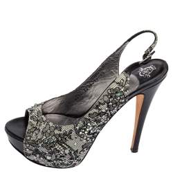 Gina Black Lace Crystal Embellished Peep Toe Slingback Platform Pumps Size 37.5