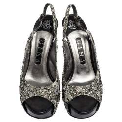 Gina Black Lace Crystal Embellished Peep Toe Slingback Platform Pumps Size 37.5