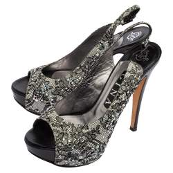 Gina Black Lace Crystal Embellished Peep Toe Slingback Platform Pumps Size 37.5