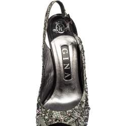 Gina Black Lace Crystal Embellished Peep Toe Slingback Platform Pumps Size 37.5