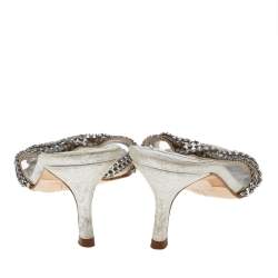 Gina Metallic Silver Leather Crystal Embellished Slide Sandals Size 37