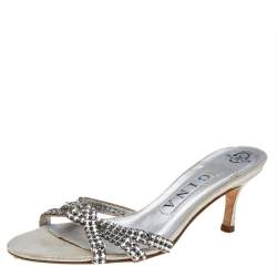 Gina Metallic Silver Leather Crystal Embellished Slide Sandals Size 37
