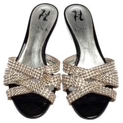 Pre Owned Gina Silver Leather Crystal Embellished Slide Sandals Size 37