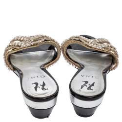 Pre Owned Gina Silver Leather Crystal Embellished Slide Sandals Size 37