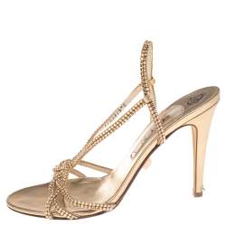 مملوكة مسبقًا Gina Gold Crystal Embellished Leather Strappy Slingback Sandals Size 41