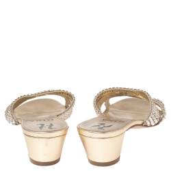 Pre Owned Gina Gold Leather Crystal Embellished Block Heel Slides Size 37