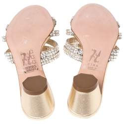 Pre Owned Gina Gold Leather Crystal Embellished Block Heel Slides Size 37