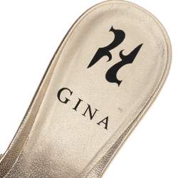 Pre Owned Gina Gold Leather Crystal Embellished Block Heel Slides Size 37