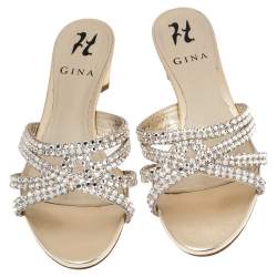 Pre Owned Gina Gold Leather Crystal Embellished Block Heel Slides Size 37