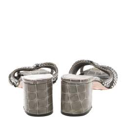 Pre Owned Gina Green Croc Embossed Leather Crystal Embellished Loren Sandals Size 40