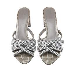 Pre Owned Gina Green Croc Embossed Leather Crystal Embellished Loren Sandals Size 40