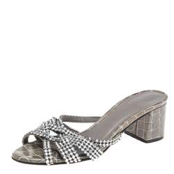 Pre Owned Gina Green Croc Embossed Leather Crystal Embellished Loren Sandals Size 40