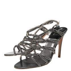 Pre Owned صندل جينا بسيور جلد فضي مزخرف كريستال مقاس 40