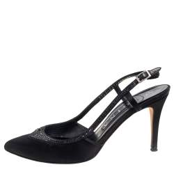 Pre Owned Gina Black Satin Pointed Toe Slingback Pumps Size 38.5