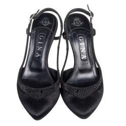 Pre Owned Gina Black Satin Pointed Toe Slingback Pumps Size 38.5