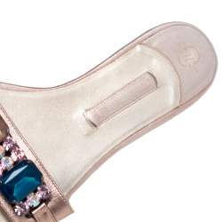 Gina Metallic Beige  Leather Crystal Embellished Slip On Flat Slides Size 41