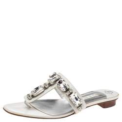 Gina White Leather Crystal Embellished Thong Flat Slides Size 40.5