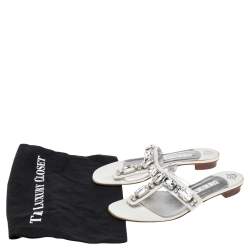 Gina White Leather Crystal Embellished Thong Flat Slides Size 40.5