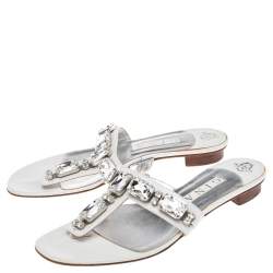 Gina White Leather Crystal Embellished Thong Flat Slides Size 40.5