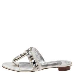 Gina White Leather Crystal Embellished Thong Flat Slides Size 40.5