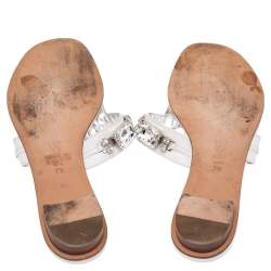 Gina White Leather Crystal Embellished Thong Flat Slides Size 40.5