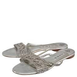 Pre Owned Gina Silver Crystal Embellished Leather Flat Slides Size  41.5