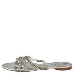 Pre Owned Gina Silver Crystal Embellished Leather Flat Slides Size  41.5