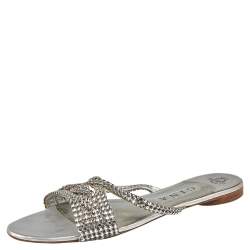 Pre Owned Gina Silver Crystal Embellished Leather Flat Slides Size  41.5