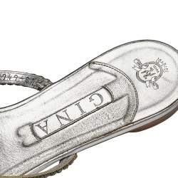 Pre Owned Gina Silver Crystal Embellished Leather Flat Slides Size  41.5