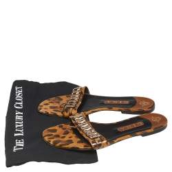 Pre Owned Gina Brown/Black Leopard Print Patent Leather Crystal Embellished Slip On Flat Slides Size 41