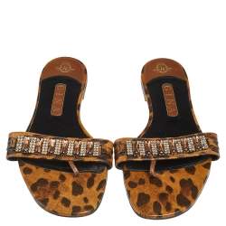 Pre Owned Gina Brown/Black Leopard Print Patent Leather Crystal Embellished Slip On Flat Slides Size 41