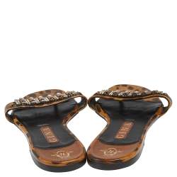 Pre Owned Gina Brown/Black Leopard Print Patent Leather Crystal Embellished Slip On Flat Slides Size 41