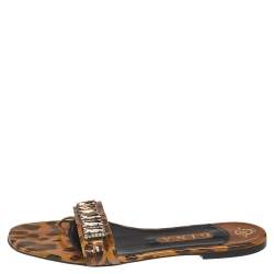 Pre Owned Gina Brown/Black Leopard Print Patent Leather Crystal Embellished Slip On Flat Slides Size 41